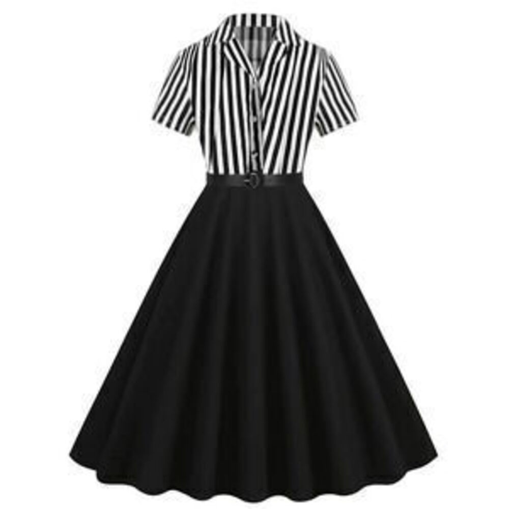 Collar Short Sleeve Stripe Patchwork Belt Vintage Dress